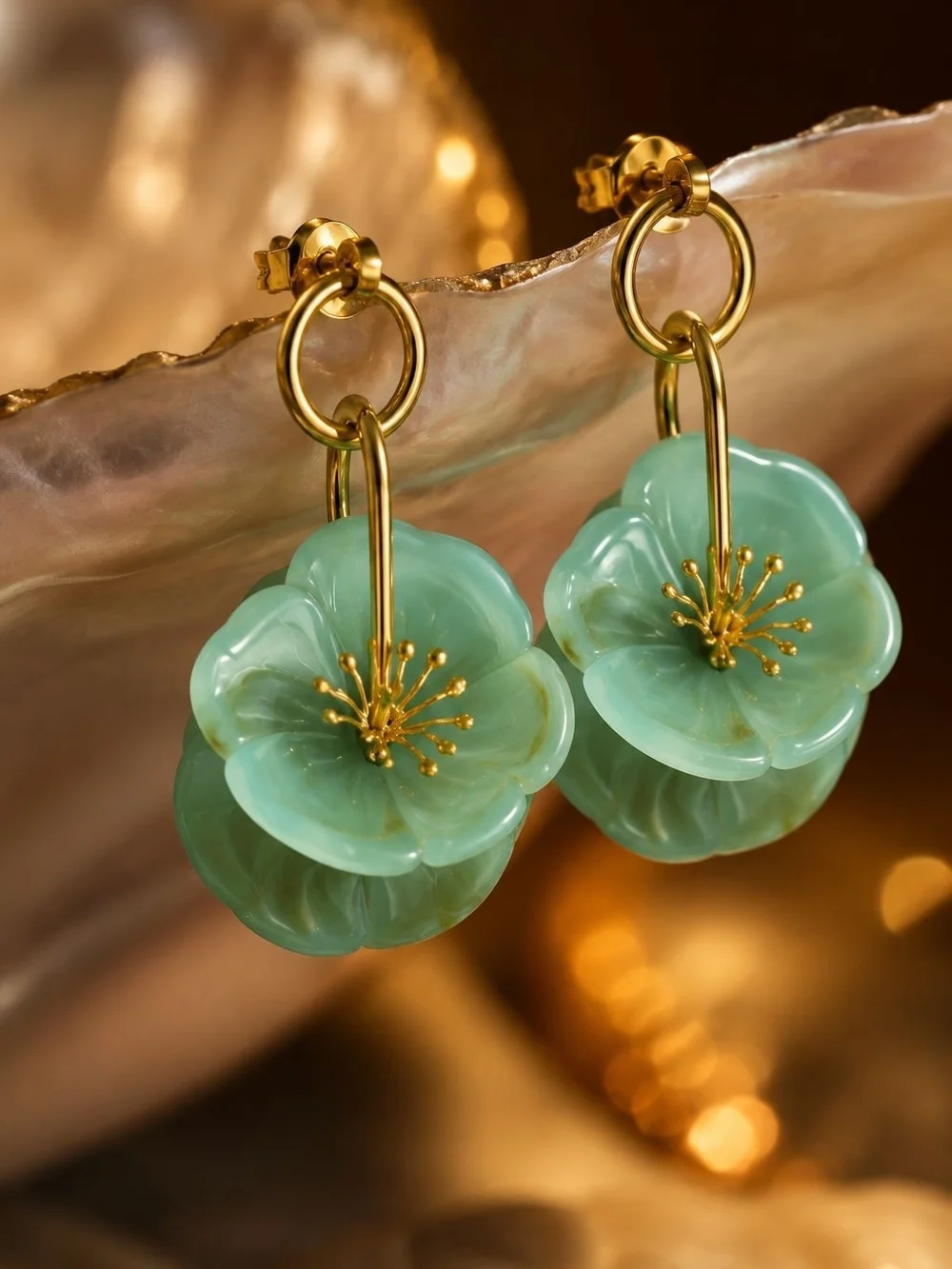 Mint Green Flower Drop Earrings with Gold Rings